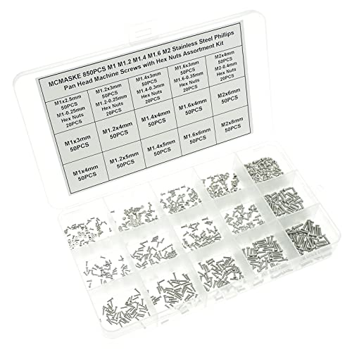850PCS M1 M1.2 M1.4 M1.6 M2 Metric Stainless Steel Phillips Pan Head Machine Screws Nuts Assortment Kit M1, M1.2, M1.4, M1.6, M2