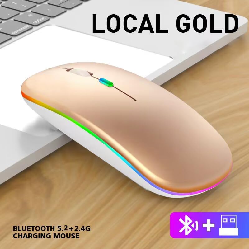 2 Pack Wireless Bluetooth Mouse,LED Dual Mode Rechargeable Silent Slim Laptop Mouse,Portable(BT5.2+USB Receiver) Dual Mode Computer Mice,for Laptop,Desktop Computer,Tablet,Phone,TV (Gold) 2 pack gold