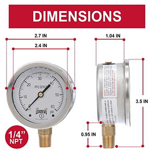 Winters 2-1/2" Dial Size, Liquid Filled Industrial Pressure Gauge, Brass Internals, 304 Stainless Steel Case, Single Scale 0-60 psi, 1.5% Acc, 1/4" NPT Bottom Mount, Glycerin Filled Pressure Gauge 0/60 PSI