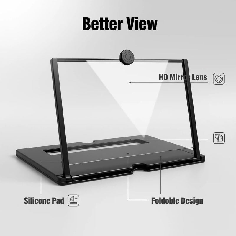 12" Phone Screen Magnifier for Cell Phone, Foldable 3D HD Acrylic Screen Amplifier, Portable Smartphone Screen Enlarger Stand for Movies & Gaming, Universal Phone Stand for All Smartphones (Black)