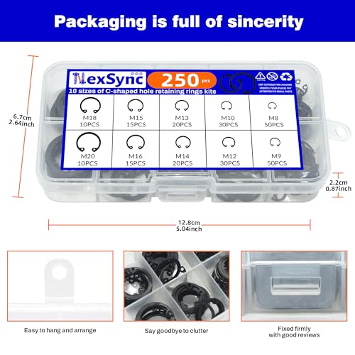 250Pcs c clips Internal Retaining Rings Snap Rings Assortment Kit Circlip Alloy Steel(M8-M20) + 4-in-1 Snap Ring Pliers with 3 Extra Convertible Jaws Manganese Steel 250-pc C-Clips(Internal)+Pliers