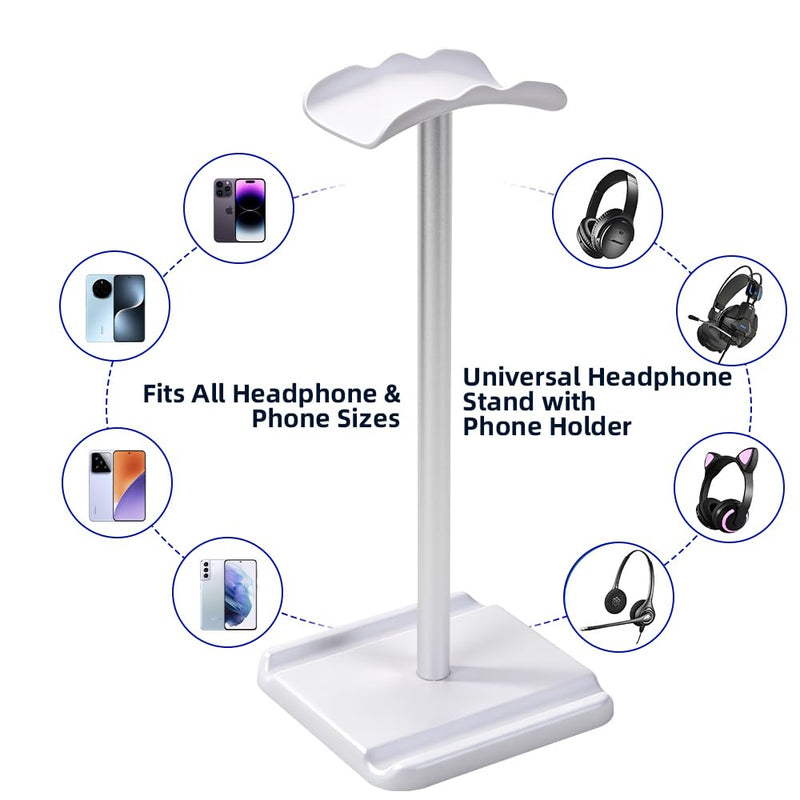 Headphone Stand for Desk, Headset & Earphone Holder with Phone Slot | Aluminum Pole, TPU-Padded Headrest, Anti-Slip ABS Base, Universal for Gaming & Office, Compatible with All Headphones White 1
