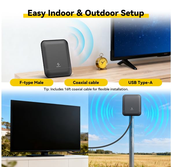 Digital TV Antenna for Smart TV Indoor & Outdoor, 55 Miles Amplified HDTV Antenna with Signal Booster, Reception for Local Channels 8K 4K 1080P HD VHF UHF, with 16ft Coax Cable