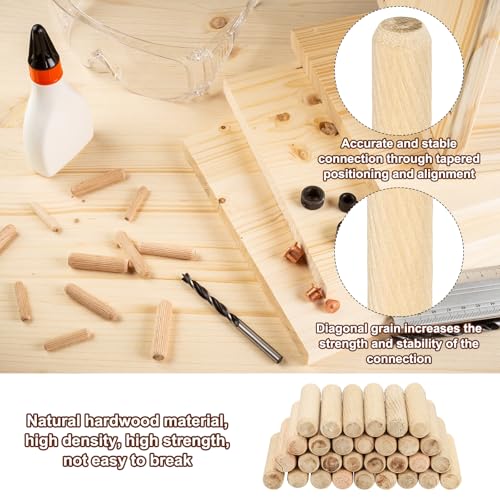 PATIKIL 3/8" x 4"(10 x 100mm) Wood Dowel Pins, 120 Pack Fluted Wooden Dowel Pin Beveled Groove Rods for Furniture Door Art Crafts Projects