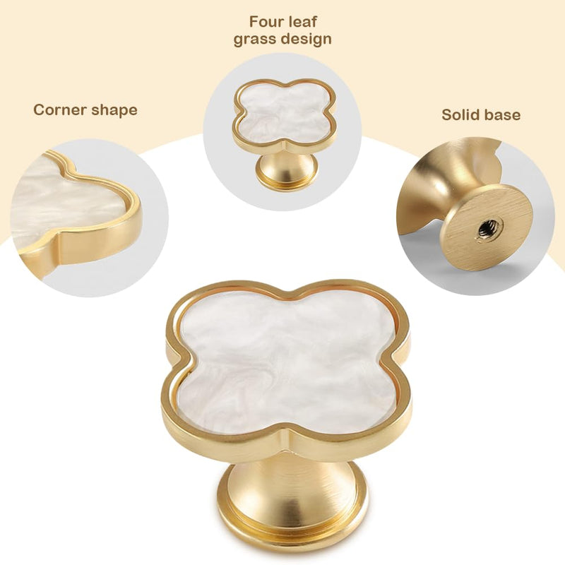 15 Pcs Clover Knobs Four Leaf Clover Handle, Creative Cabinet Drawer Pulls Gold Knobs for Furniture Dresser Wardrobe Bathroom Decorative Pulls Zinc Alloy Single Hole Door Handle (White)