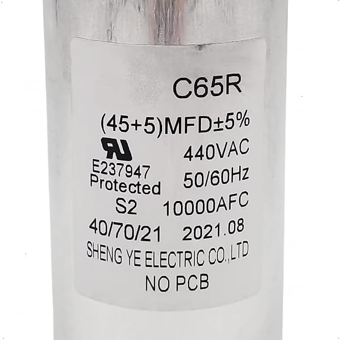C65R Capacitor 45+5 uF (3 terminals) 440VAC 45/5 MFD 50/60 Hz Motor Round Dual Run for Air Conditioners, Dehumidifiers, Washing Machines, Dishwashers, Pools Pumps E237947 C65R, 45uf + 5uf (3 terminals), 440VAC