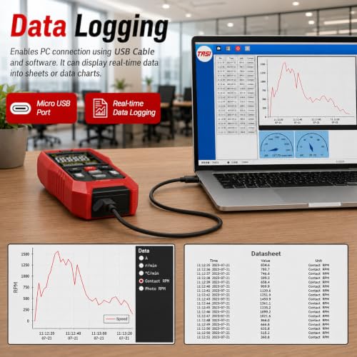 Digital Handheld Tachometer RPM Meter, 2-in-1 Contact and Non Contact Laser Photo Tachometer with Data Logging, RPM Measuring with USB PC Connection & Data Export