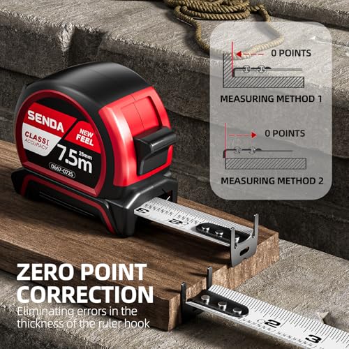 SENDA Tape Measure 25FT with 1/8 Fraction, Double-Hook Measuring Tape Retractable with 1 Inch Wide Blade & Belt Clip, ABS TPR Rubber Protection,Matte Nylon-Coated Blade for DIY, Construction (2 Pack) 25 FT Red 2