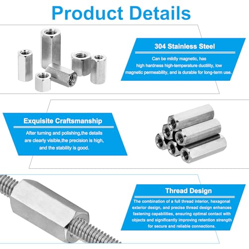 PATIKIL 3/8"-16 UNC 304 Stainless Steel Hex Coupling Nuts, 10Pcs 2" Length Fully Threaded Rod Coupling Nut Studding Connector Fasteners, Silver Tone 3/8"-16 x 2" 10