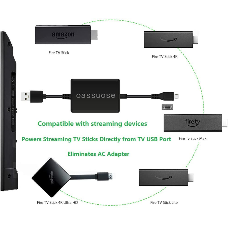 USB Power Cable Adapter for Fire TV Stick,Powers Streaming TV Sticks Directly from TV USB Port(Eliminates AC Adapter and Very Long Power Cable)