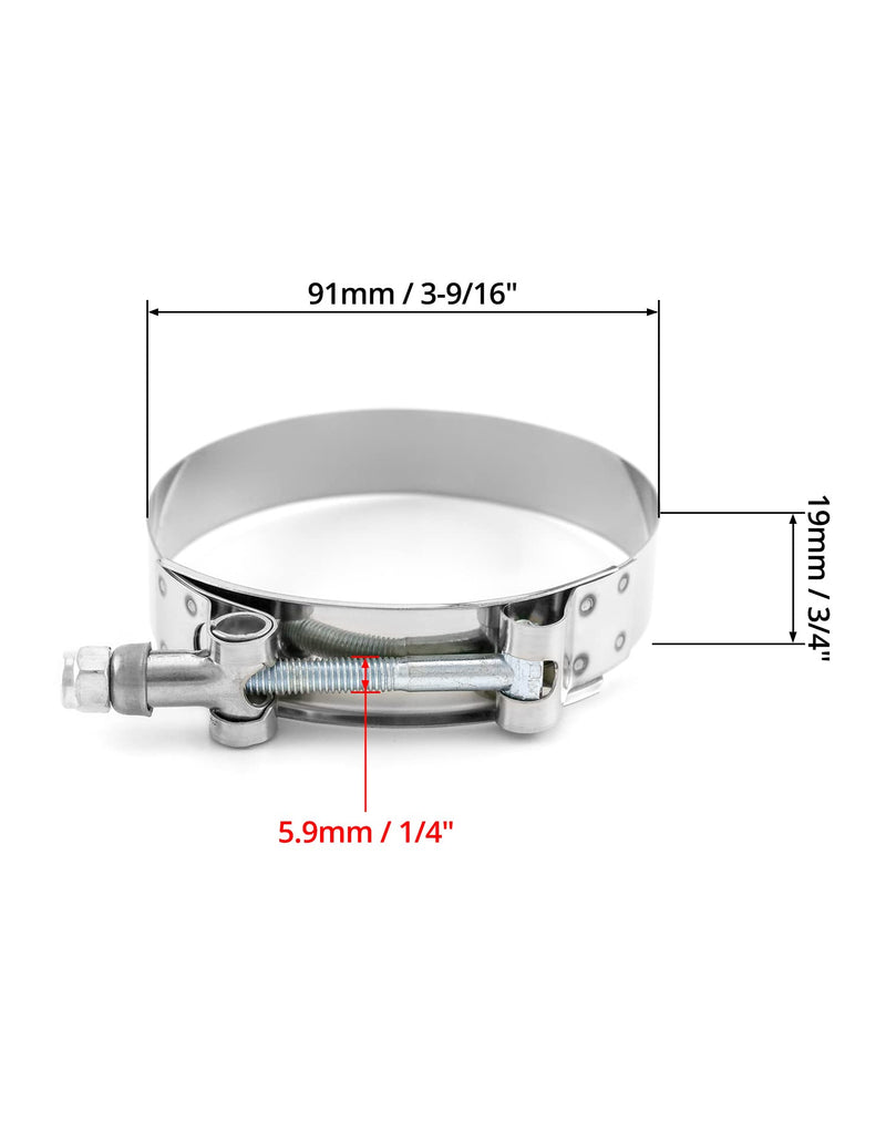QWORK 3" T-Bolt Hose Clamp Stainless Steel, Working Range 83mm-91mm for 3" Hose ID, Turbo Intake Intercooler Clamp, 4 Pack 3" Clamp Range 83mm-91mm (3.27"-3.58")