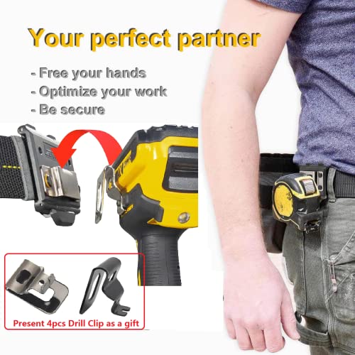 Tape Measure Holster with 4 Drill Clip, Tape Measure Holder Belt, Drill Holster Belt Clip, Drill Holster with Tool Belt Hook, Free Your Hands. Black Drill Holster + 4pcs Drill Bit Hook