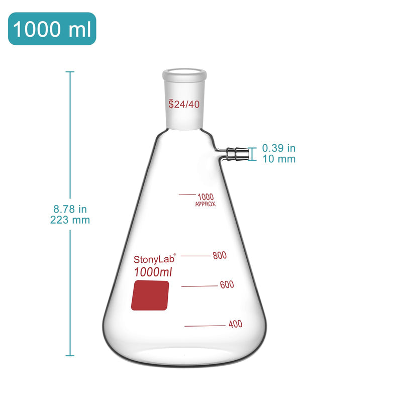stonylab Filtering Flask with 24/40 Standard Taper Outer Joint, Heavy Wall Borosilicate Glass Filter Flask, Bolt Neck with Tubulation, 1000 ml
