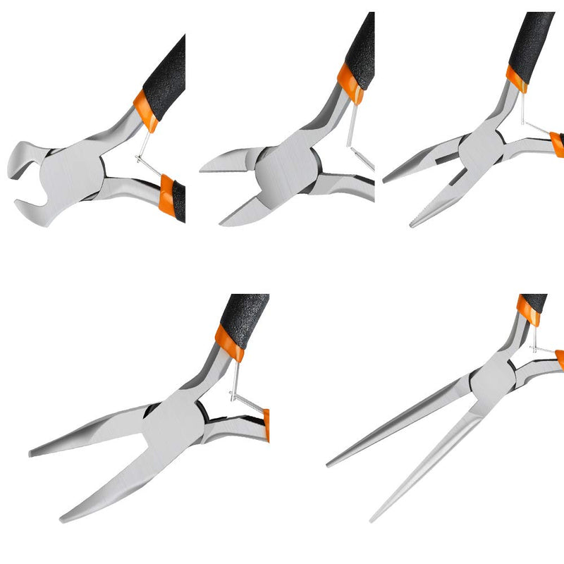 SOONAN 5 Pieces Mini Pliers, Long Lasting Tool Set Cable Cutters – Long Needle Nose, Long Nose, Nipper Bent Nose, End Cutting, Diagonal Cutting, Precision Pliers Set 5 Pieces， Black