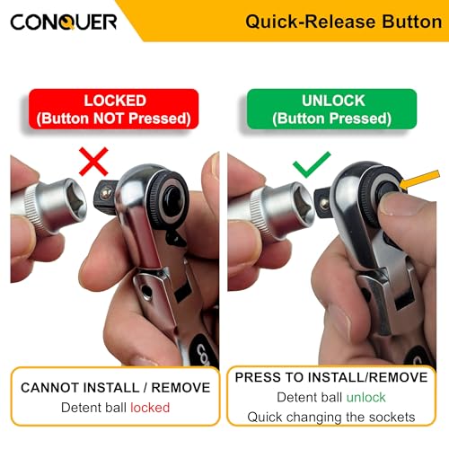CONQUER 3/8" Drive Flex Head Ratchet Wrench, 4" Stubby Length Stubby Flex Head