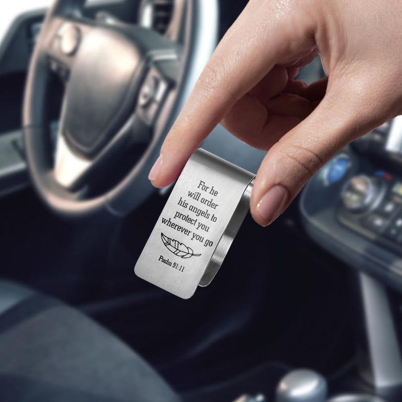 For He Will Order His Angels to Protect You Wherever You Go Engraved Stainless Steel Car Visor Clip, Psalm 91:1 Sign, Funny Religious Gifts for Women Men Family Friend Driver, New Driver Gifts Silver14