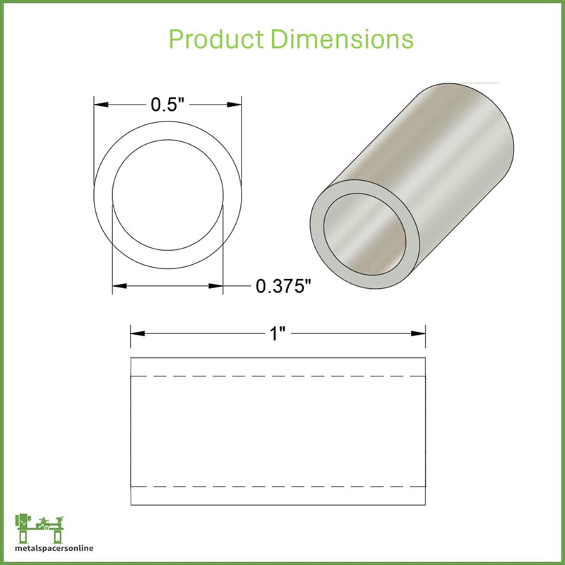 Aluminum Spacer 1/2" OD x 3/8" ID x 1" Long-Round Spacer Unthreaded Standoff Bushing Plain Finish, Fits Screws Bolts 3/8" by Metal Spacers Online (25 Pack) 1" Length 25