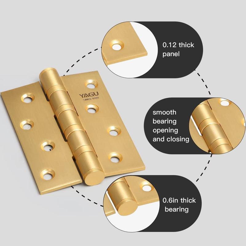 YAGU 3 Pack 4'' Door Hinges Brushed Gold 4 x 3 Inch - Square Corners Stainless Steel Heavy Duty Ball Bearing Hinges for Interior Doors Hardware
