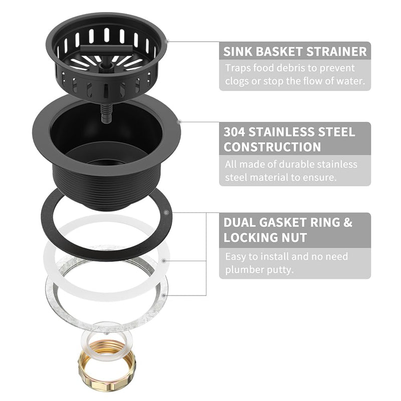 KONE Black Kitchen Sink Drain Matte Black Sink Strainer 3-1/2 Inch Drain Assembly Kit Replacement for Universal 3.5 Inch Kitchen Sink, All Stainless Steel Body with Strainer Basket and Drain Stopper Pure Black
