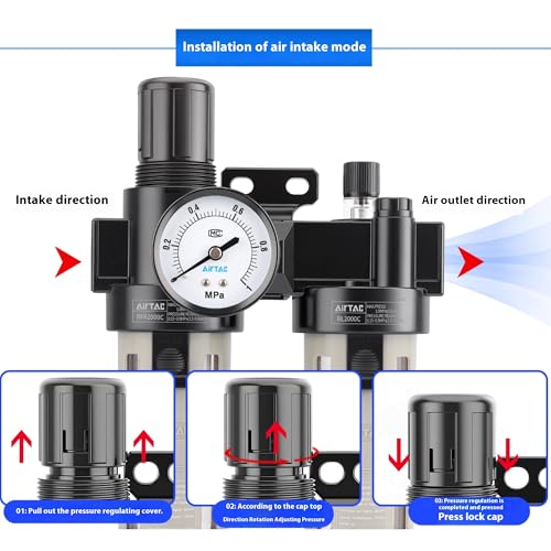 Compressed Air Filter Regulator Lubricator Combo Airtac BFC2000-C 1/4''NPT 0-140 PSI with Pressure Gauge Semi-Auto Drain 3 in 1 Two FR.L Unit BFC2000C 1/4'' NPT