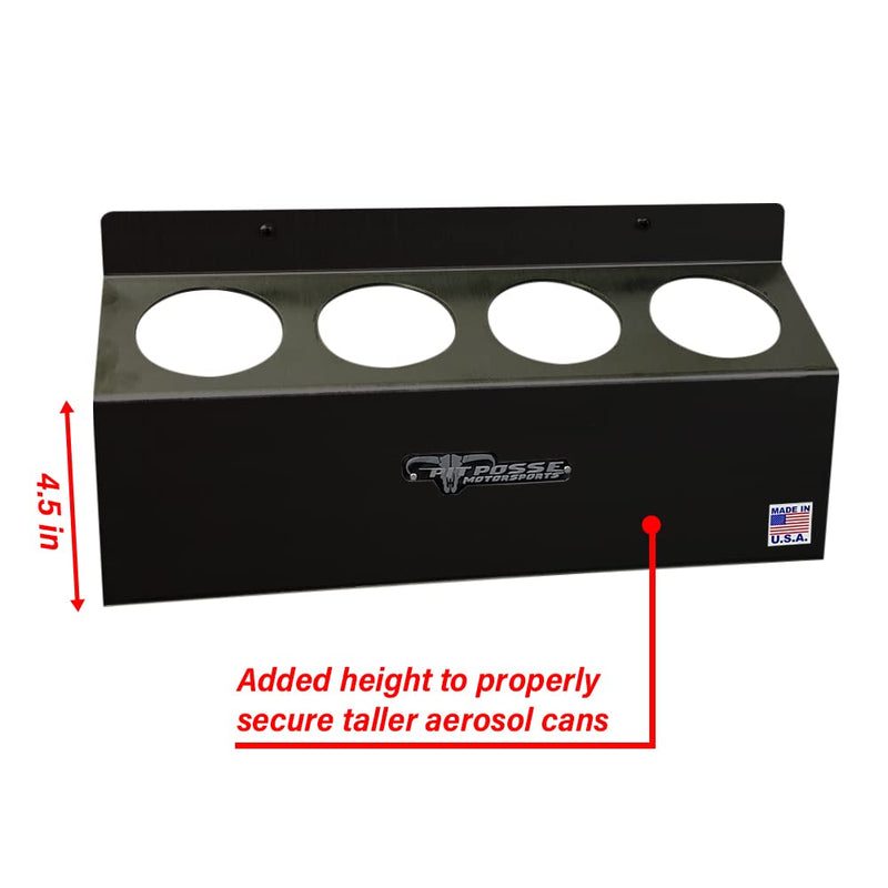 Pit Posse 303BK Four Bottle Aerosol Spray Can Rack Shelf Holder 15.5" Caddy - Made in USA - Aluminum Enclosed Trailer Shop Garage Storage Organizer - Mounting Hardware Included (Black) Black