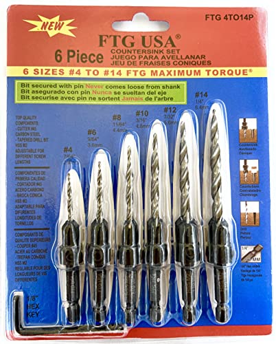 FTG USA 6 Pc Wood Countersink Drill Bit Set #4#6#8#10#12#14 with Hex Key w/o Depth Stop