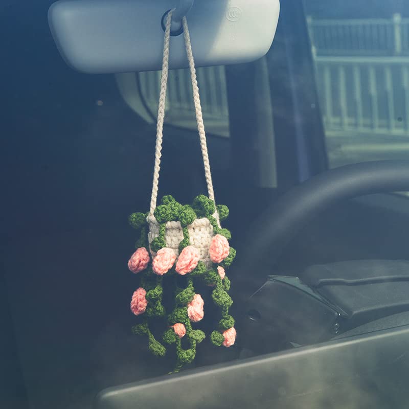GZPCXMZ Boho Car Plant Crochet Hanging Accessories Crochet Plants for Car Rear View Mirror Cute Car Pink Plants for Women (002)