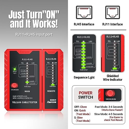 AMPCOM Network Cable Tester RJ45 for LAN & TEL Continuity of RJ45/11/12 CAT5E CAT6 CAT7 UTP & STP Shielded Ethernet Wires Test Tool - W/Carrying Bag - Red
