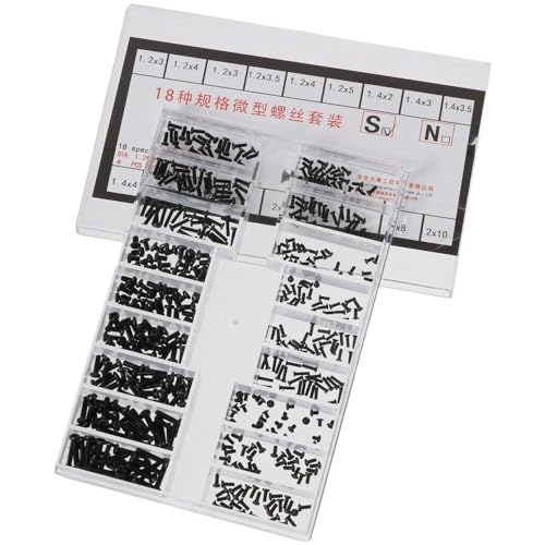 FEIYING Small Screws Assortment Kit, 18 Kinds M1.2 / M1.4 / M2.0 Mini Micro Screws Set, Black Repair Screws for Sunglasses, Glasses, Watches, Clocks (Round Head & Countersunk Head)