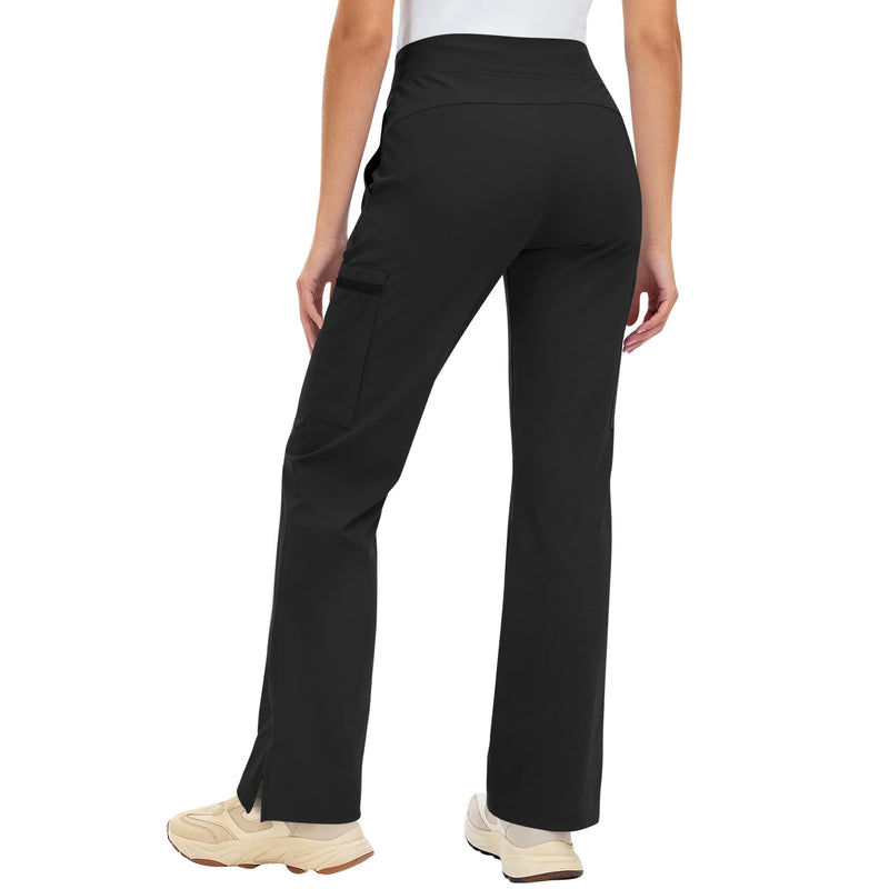 Yoga Scrub Pants Women High-Rise Straight Leg Uniform Cargo Bottom with Yoga Waistband,5 Pockets & 4-Way Stretch Regular Medium Black