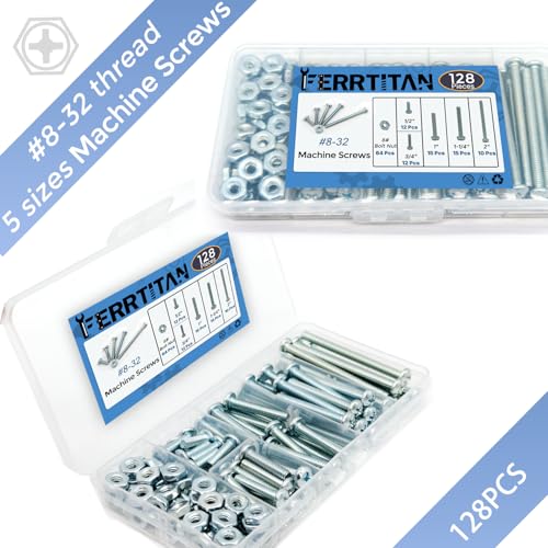 128-Piece #8-32 Machine Screws Assortment Kit – Zinc-Plated Carbon Steel Phillips Pan Head Screws with Nuts, Knobs Cabinet Screw & Electrician Screw Machine Bolts Silver #8-32 – 64 Sets, 5 Sizes