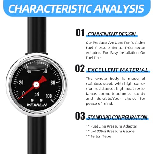 MEANLIN MEASURE 0~100Psi Black Stainless Steel Glycerin Filled Pressure Gauge 1/8" NPT 1.5" FACE DIAL, with 6AN Pressure Take Off Fitting, Liquid Filled Pressure Gauge WOG Water Oil Air Back Mount 0-100Psi (Black Dial)