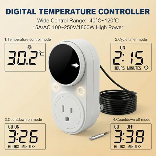 MakerHawk Digital Temperature Controller Thermostat Controller 1800W 120V 15A Rotary Knob Button Adjustment Heating Cooling Control with Sensor for Reptile Incubator Greenhouse Swimming Pool (TC801) TC801