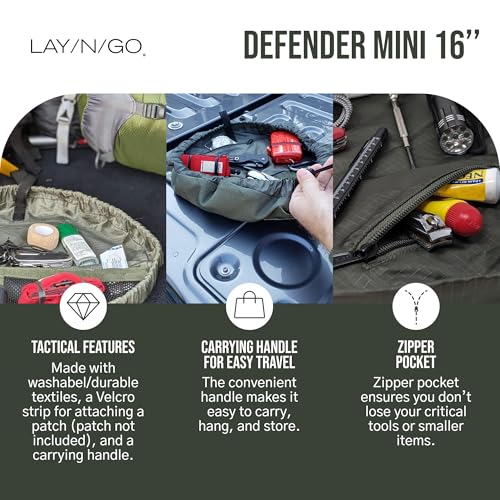 Lay-n-Go Defender Tactical Go Bag - Every Day Carry Lay-Flat Military Style Gear Stash Travel Sack w/Zippered & Mesh Pockets - Water-Resistant, Machine-Washable EDC (16", Combat Green) 16 inch Defender Mini (16")