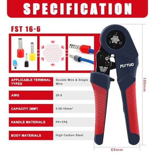 Hexagonal Ferrule Crimping Tool Set, 6 Sides Labor-Saving Crimp Pliers 0.05-16mm²(AWG 28-5), New Designed Self-Adjustable Ratchet Crimping Tool for Cable End Sleeves and Wire Ferrules FST 16-6