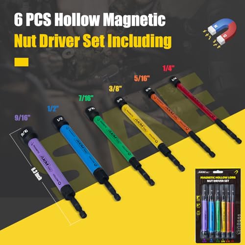 6 PCS Hollow Nut Driver Set, Magnetic nut driver set, Hollow Shaft Nut Driver Set, SAE, Color Coded, Hex Sizes, 1/4 to 9/16-Inch, Nut Setter, Hollow Nut Driver with 5-Inch Extended Reach 6 PCS Hollow Magnetic Nut Driver Set