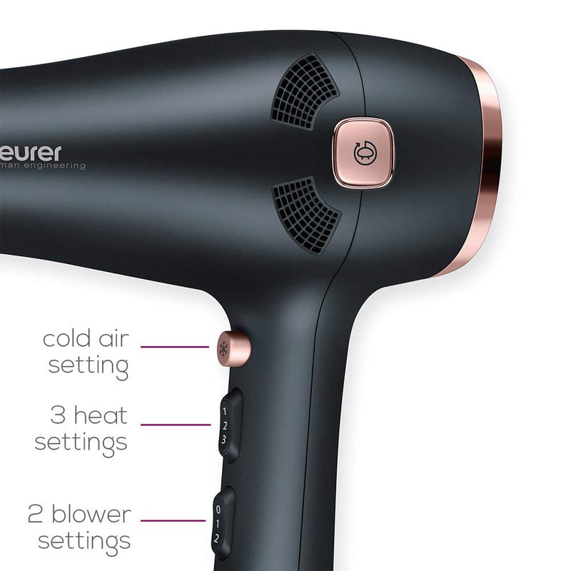 Beurer Style Pro HC55 Hair Dryer With Cable Rewind, 2000-Watt Hair Dryer With Integrated Ion Function, Slim Nozzle Attachment & Volume Diffuser Attachment, 3 Heat Settings, 2 Speed Settings- Black
