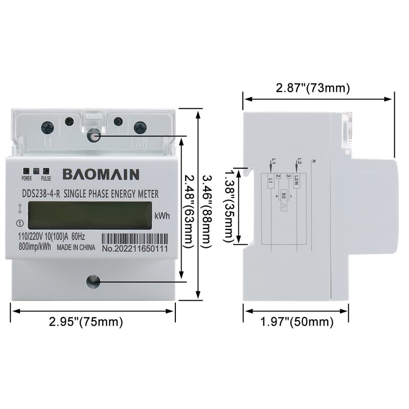 BAOMAIN Single-Phase 3-Wire DIN Rail kWh Meter,110V/220V AC Energy Monitor | DDS238-4-R Submeter Features 10A(100A), 60Hz Frequency & Lcd Display.Ideal For Precise Home Power Monitoring