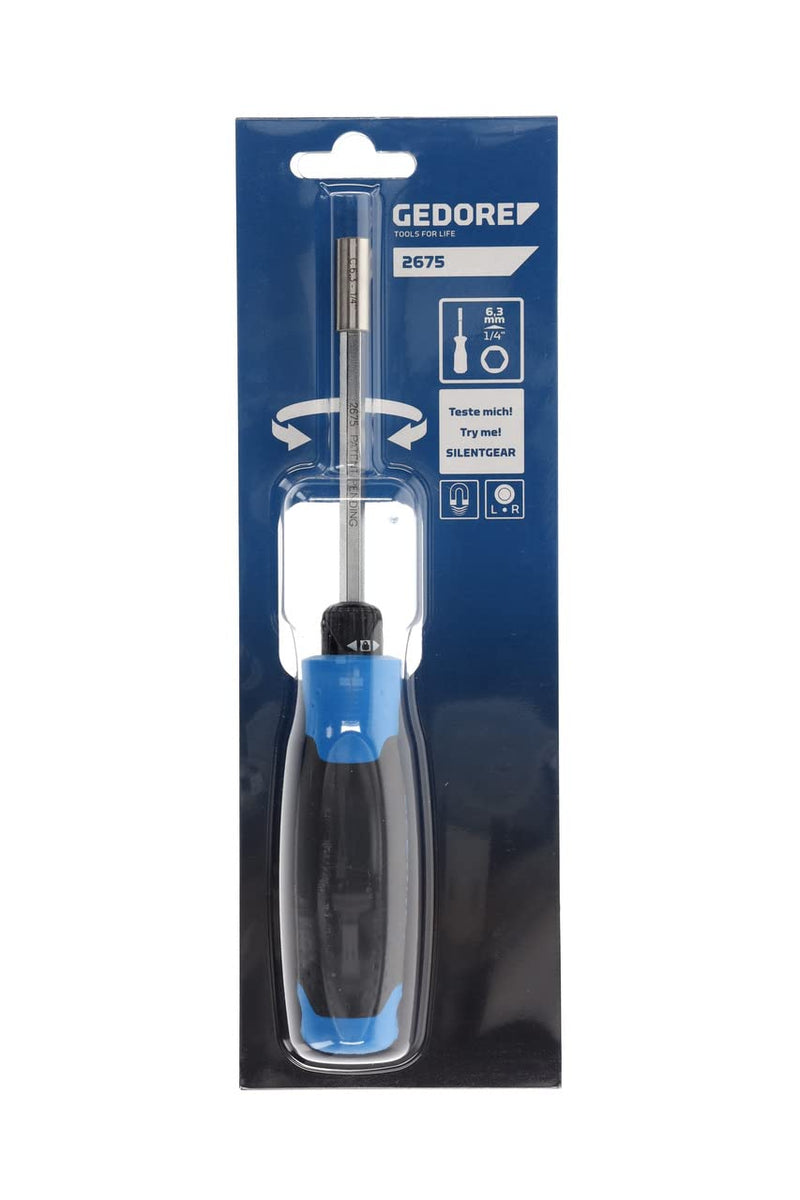 GEDORE Ratchet screwdriver, Magnetic bit holder, 1/4" 6.3 mm hex, Screwdriver, 2-component handle, 225 mm, 2675
