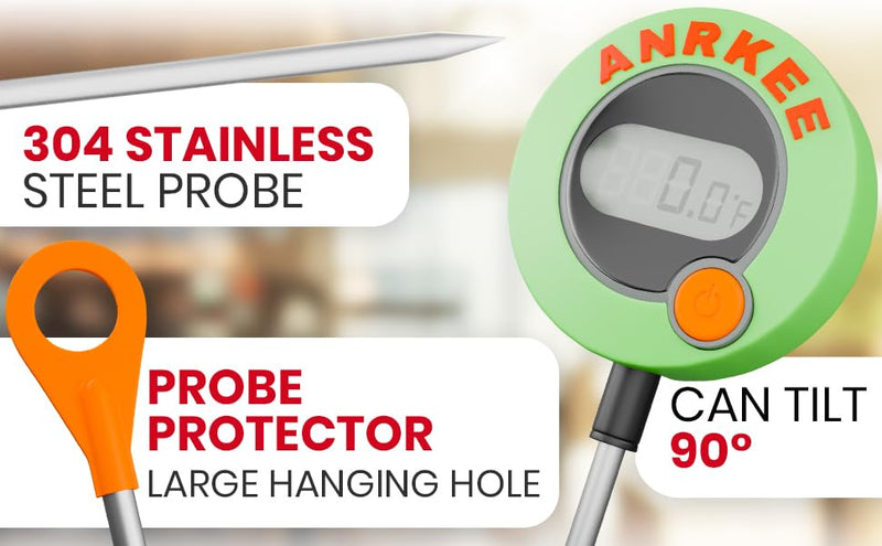 Digital Temperature Probe HVAC Thermometer with LCD Display, Phosphorescent Cover, Magnetic Mount, Fahrenheit and Celsius, Foldable Display, Probe Tip Protector and Hanging Mount