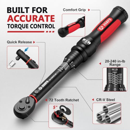 VANPO Inch Pound Torque Wrench 1/4-Inch Drive 20-240 in-lb for MTB & Bike 1/4-Inch-20-240 in.lb
