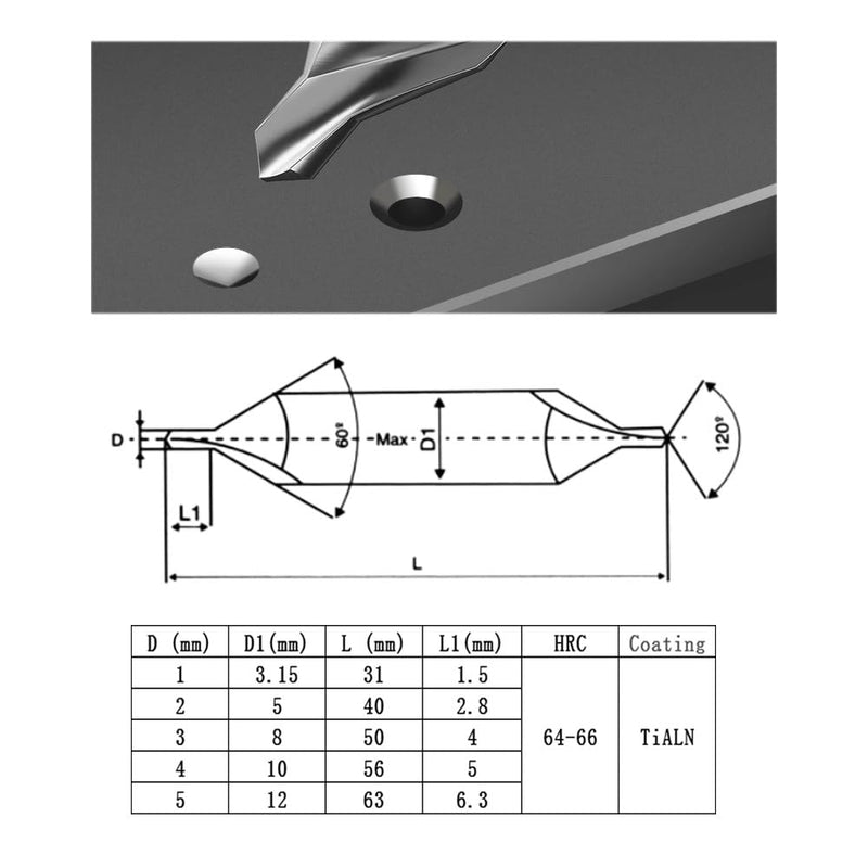Center Drill Bit Set HSS.Co Cobalt containing high-Speed Steel TiAlN Coated Suitable for Hardened Steel, Stainless Steel, Alloy Steel, Copper and Other Hard Metals Metric 1-5mm (5pcs)