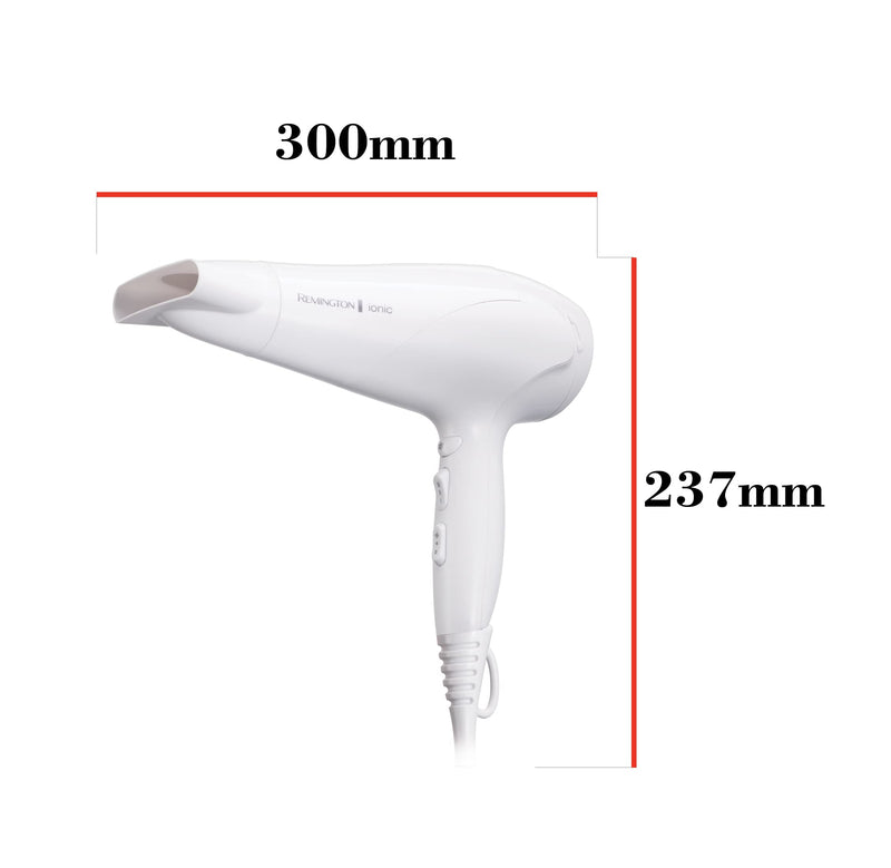 Remington Hair Dryer, Ionic Conditioning, 2200W, 3 Heat & 2 Speed | Frizz-Free, Shiny Results, Includes Diffuser and Concentrator attachments, 2 Speed Settings for Versatile Styling White
