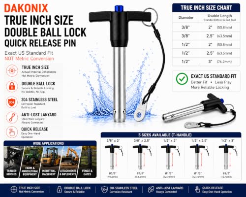 1/2” × 3” DAKONIX True Inch Size T-Handle Quick Release Pin, 304 Stainless Steel, Double Ball Lock with Lanyard,for Heavy Equipment 1/2" × 3"