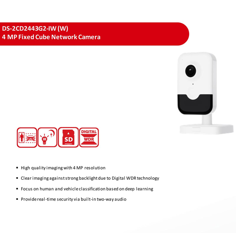 DS-2CD2443G2-IW, 4MP Home Security Camera Indoor, Human Body Detection Cube Network POE IP Camera, 2.8mm Wide Angle Lens, H.265+ ,D-WDR, Build in SD Slot up to 512 GB, Two Way Audio, Ⲏіk-Connect