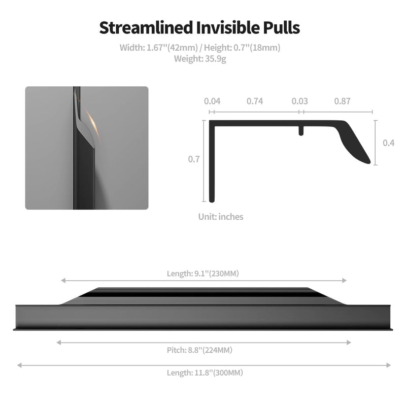 5 Pack 300mm(11.8 Inch) Black Edge Finger Pull Drawer Door Cabinet Aluminum Alloy Long Concealed Furniture for Kitchen Bathroom 300mm(11.8 Inch)