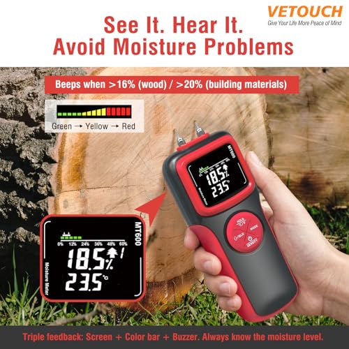 2 in 1 Pin & Pinless Wood Moisture Meter, Digital Moisture Detector with LCD Display & Alarm, Temperature Humidity Tester for Wood, Building Materials, Firewood, Walls, Floors, Home Renovation