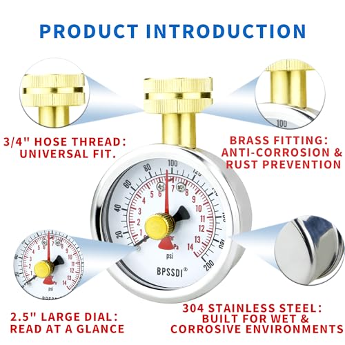 0-200 Psi Water Pressure Gauge Test with Lazy Hand, Lead-Free, 2.5" Dial Size, Durable 3/4” Hose Thread, 304 Stainless Steel Case, Home Water Pressure Tester (Double-0-200psi) Double-0-200psi