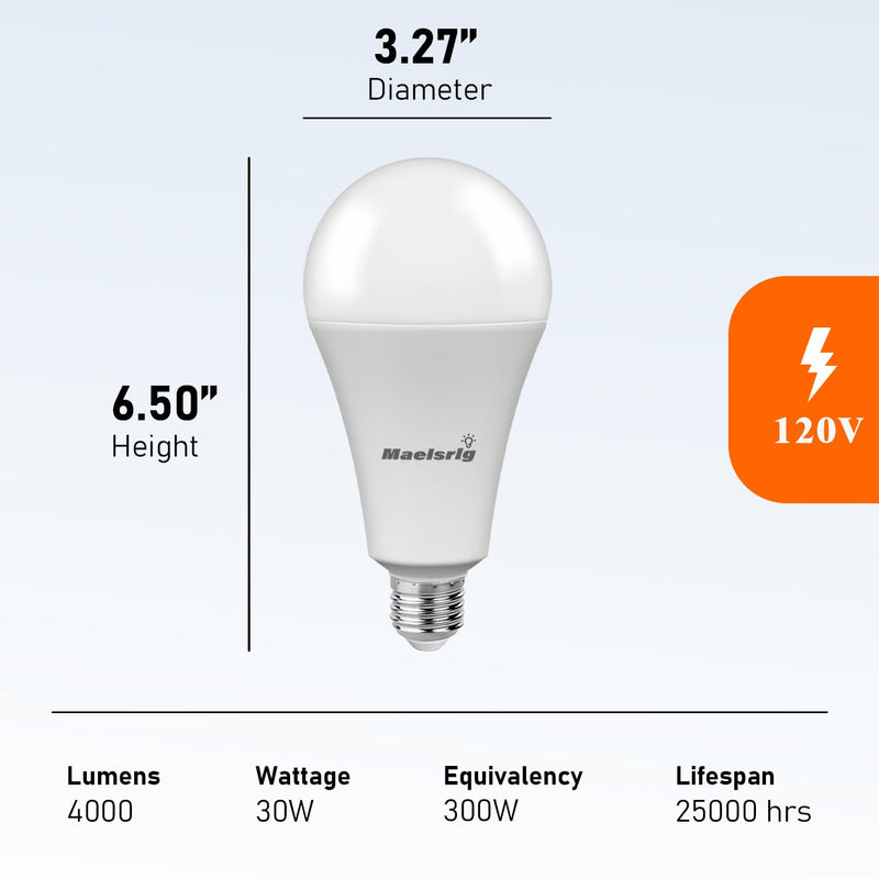 Maelsrlg 300W Equivalent LED Bulb, 30W 4000 Lumens Daylight 5000K, E26 Base, 120V, Non-Dimmable, 4-Pack – Replaces 300 Watt Light Bulb for Garage, Shop & Warehouse