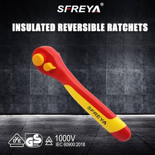 F8201 1/4 Inch Drive 1000V Insulated Ratchet Wrench, VDE GS Certified, IEC 60900 & ASTM F1505 Approved, OSHA Compliant Reversible Quick Release CRV Socket Wrench for Electrician